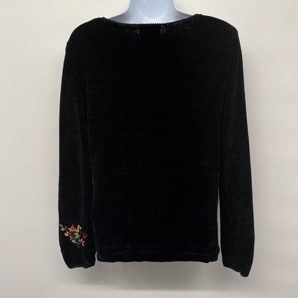 Vintage Velvet Floral Embroidered Sweater V Neck Top Blouse Long Sleeve 90s Blac - Picture 2 of 8